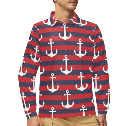 Nautical Pattern Print Design A05 Long Sleeve Polo Shirt For Men's