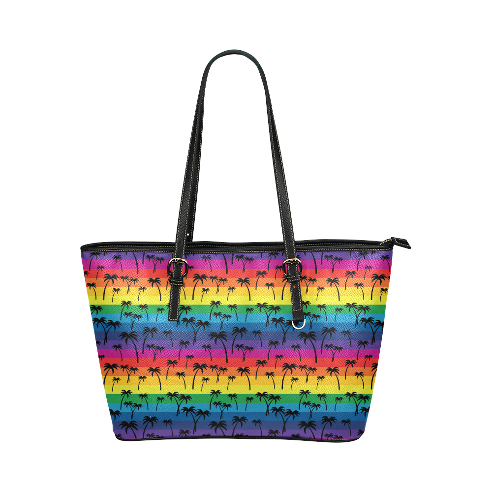 Palm Tree Rainbow Themed Print Leather Tote Bag