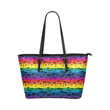 Palm Tree Rainbow Themed Print Leather Tote Bag