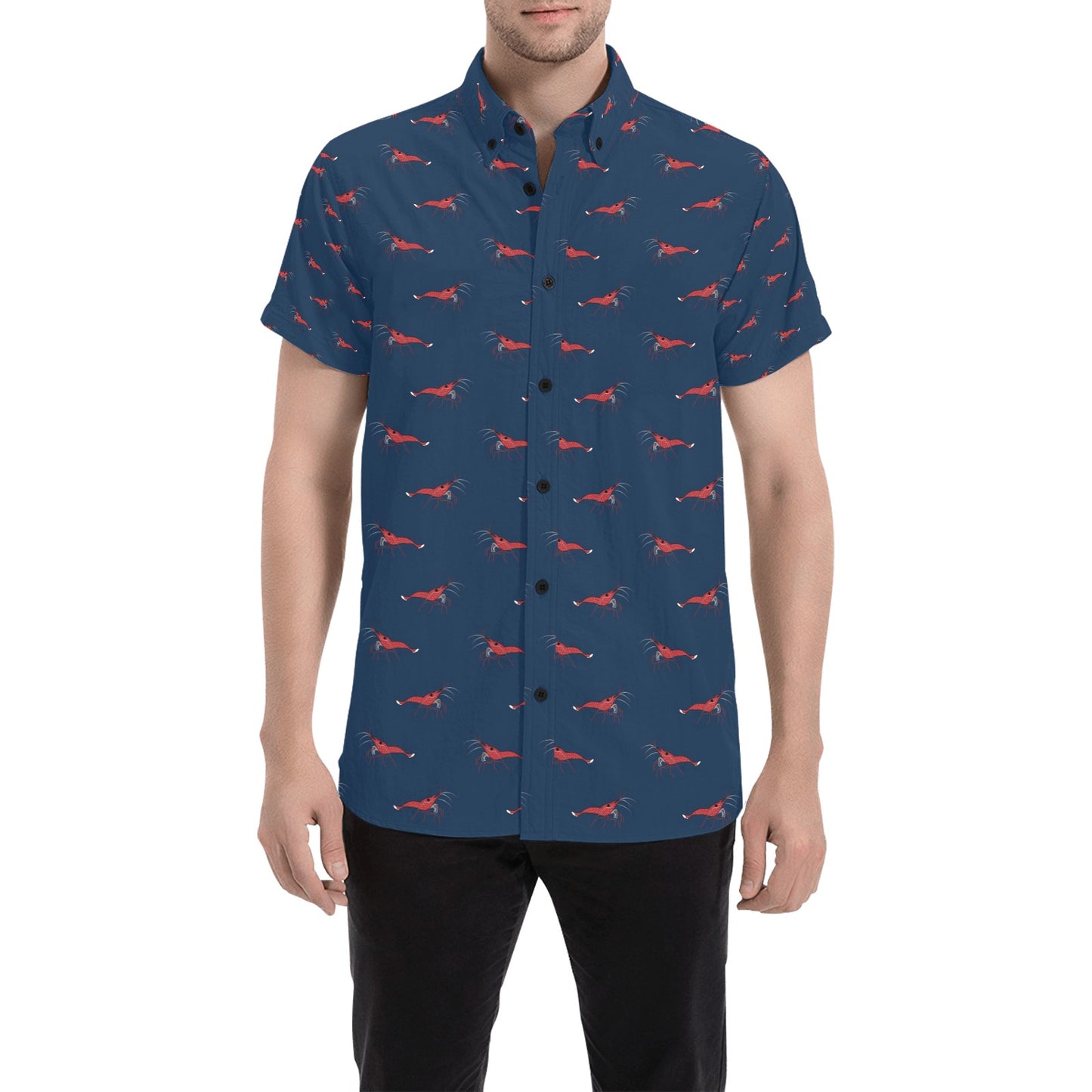 Shrimp Print Design LKS305 Men Short Sleeve Button Up Shirt