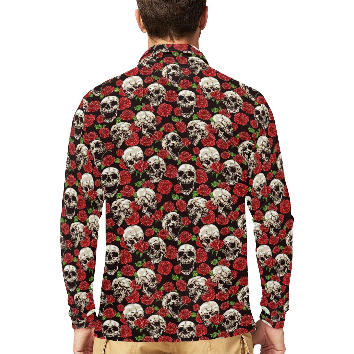 Skull Roses Design Themed Print Long Sleeve Polo Shirt For Men's