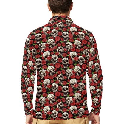 Skull Roses Design Themed Print Long Sleeve Polo Shirt For Men's