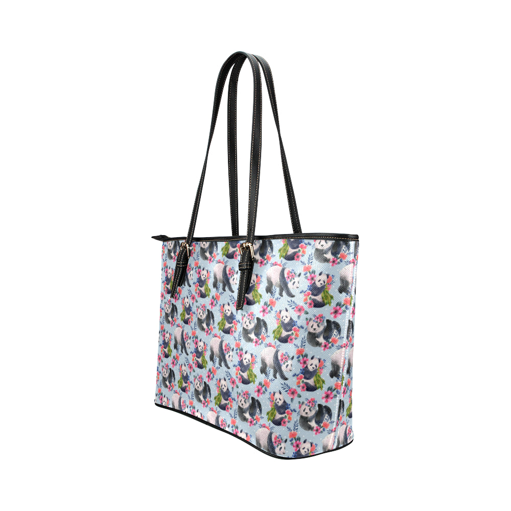 Panda Bear Flower Design Themed Print Leather Tote Bag