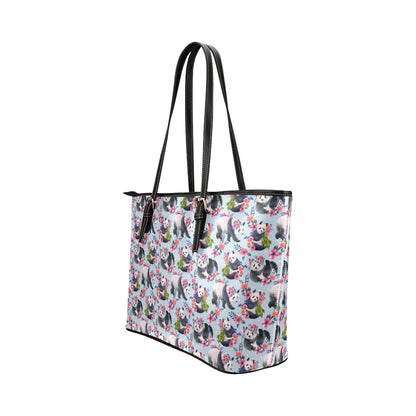 Panda Bear Flower Design Themed Print Leather Tote Bag
