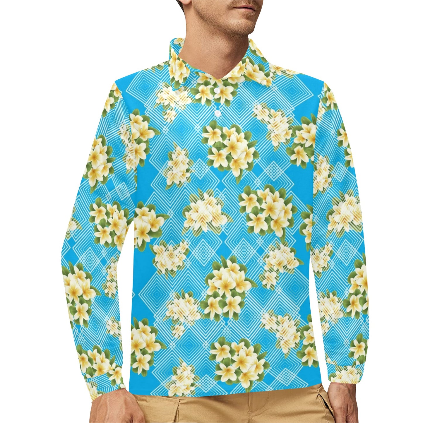 Yellow Plumeria Design Print Pattern Long Sleeve Polo Shirt For Men's