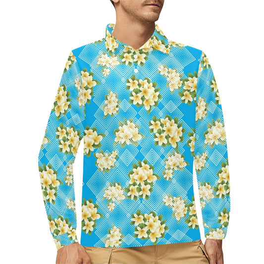 Yellow Plumeria Design Print Pattern Long Sleeve Polo Shirt For Men's