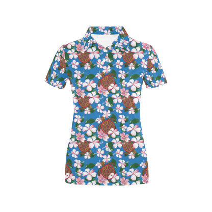 Sea Turtle Pink Hibiscus Hawaiian Print Women's Polo Shirt