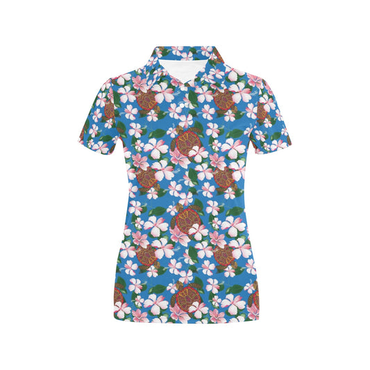Sea Turtle Pink Hibiscus Hawaiian Print Women's Polo Shirt
