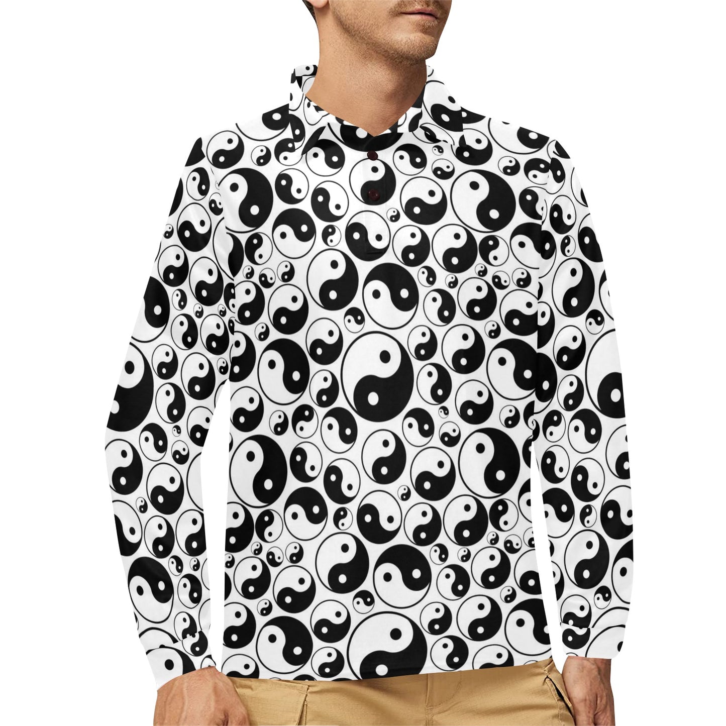 Yin Yang Print Design LKS302 Long Sleeve Polo Shirt For Men's