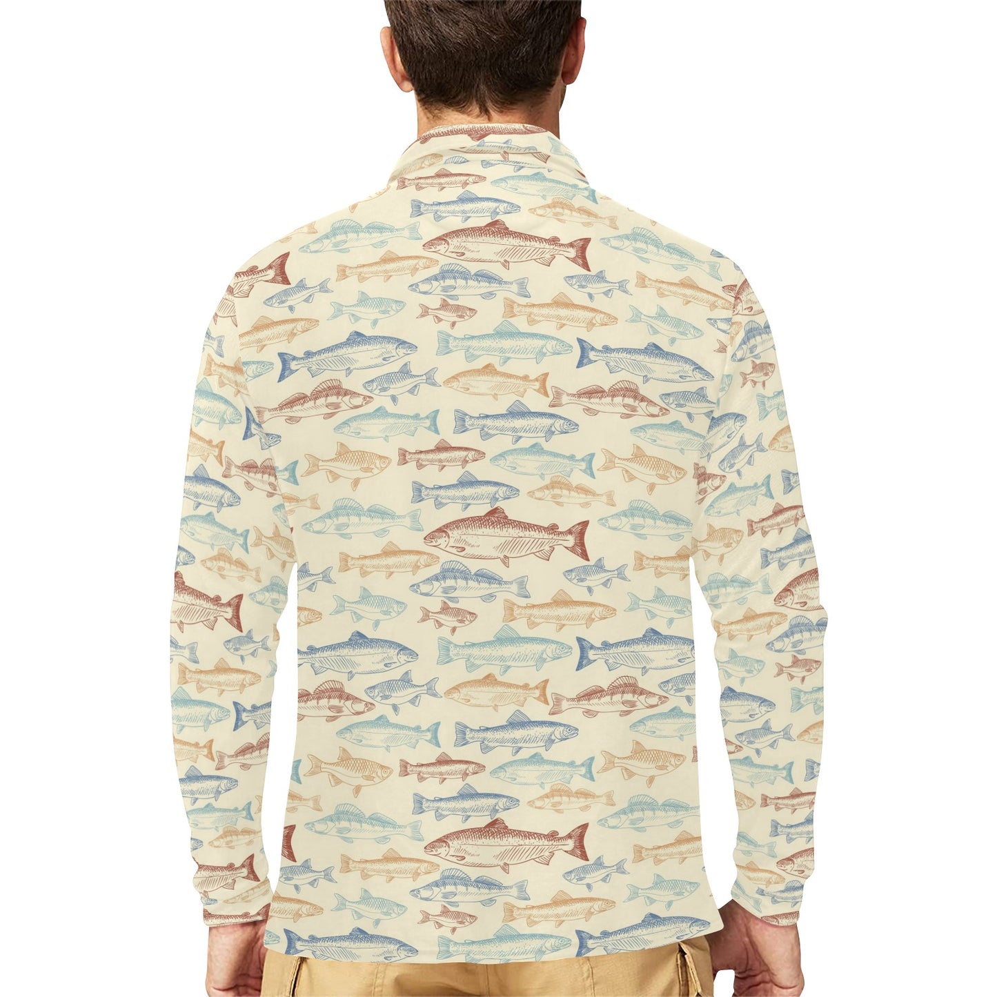 Salmon Fish Print Design LKS302 Long Sleeve Polo Shirt For Men's