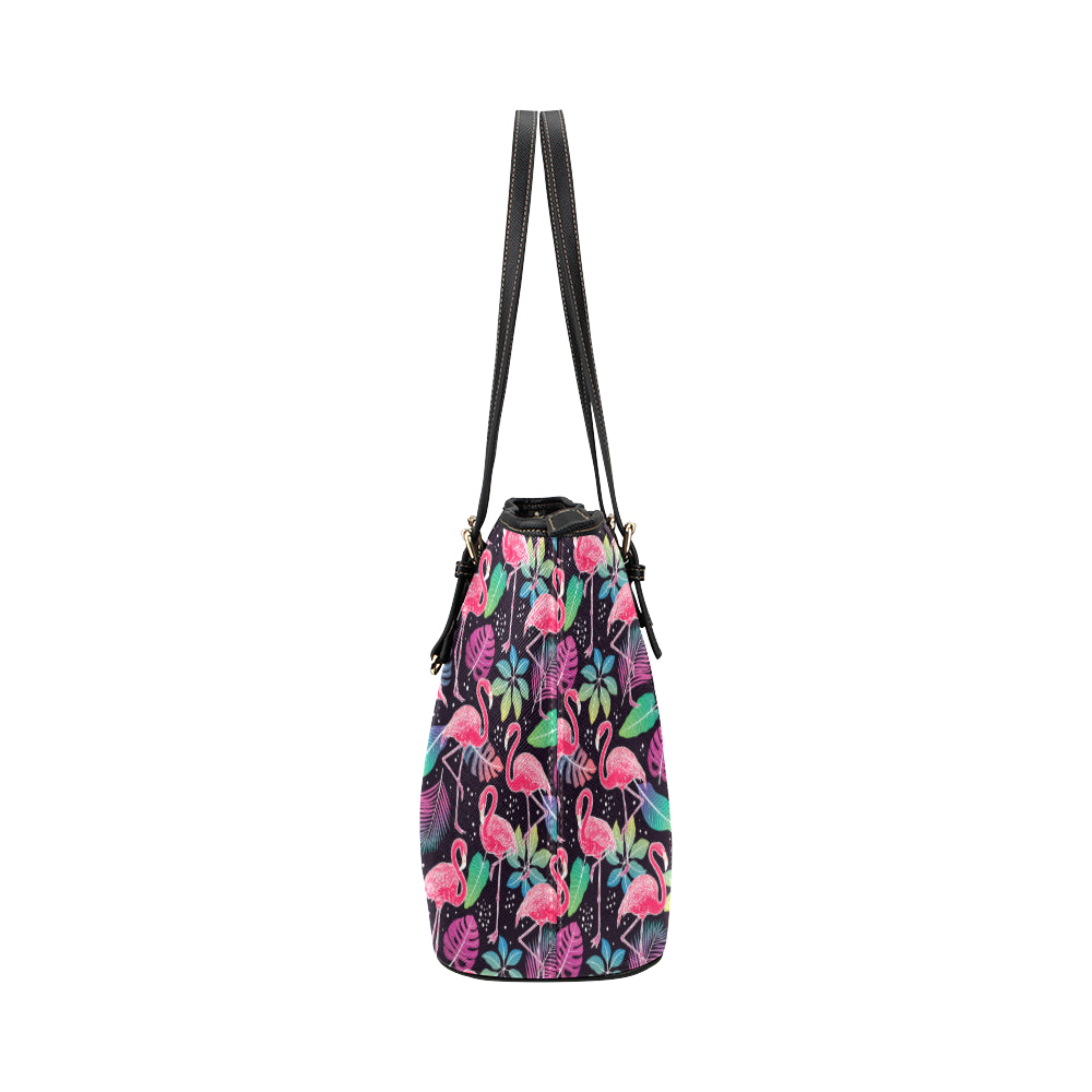 Flamingo Tropical leaves Neon Print Leather Tote Bag