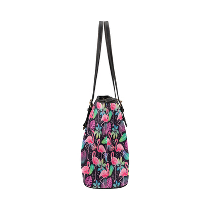 Flamingo Tropical leaves Neon Print Leather Tote Bag