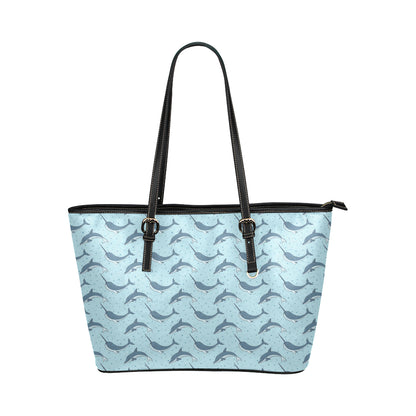 Narwhal Dolphin Print Leather Tote Bag