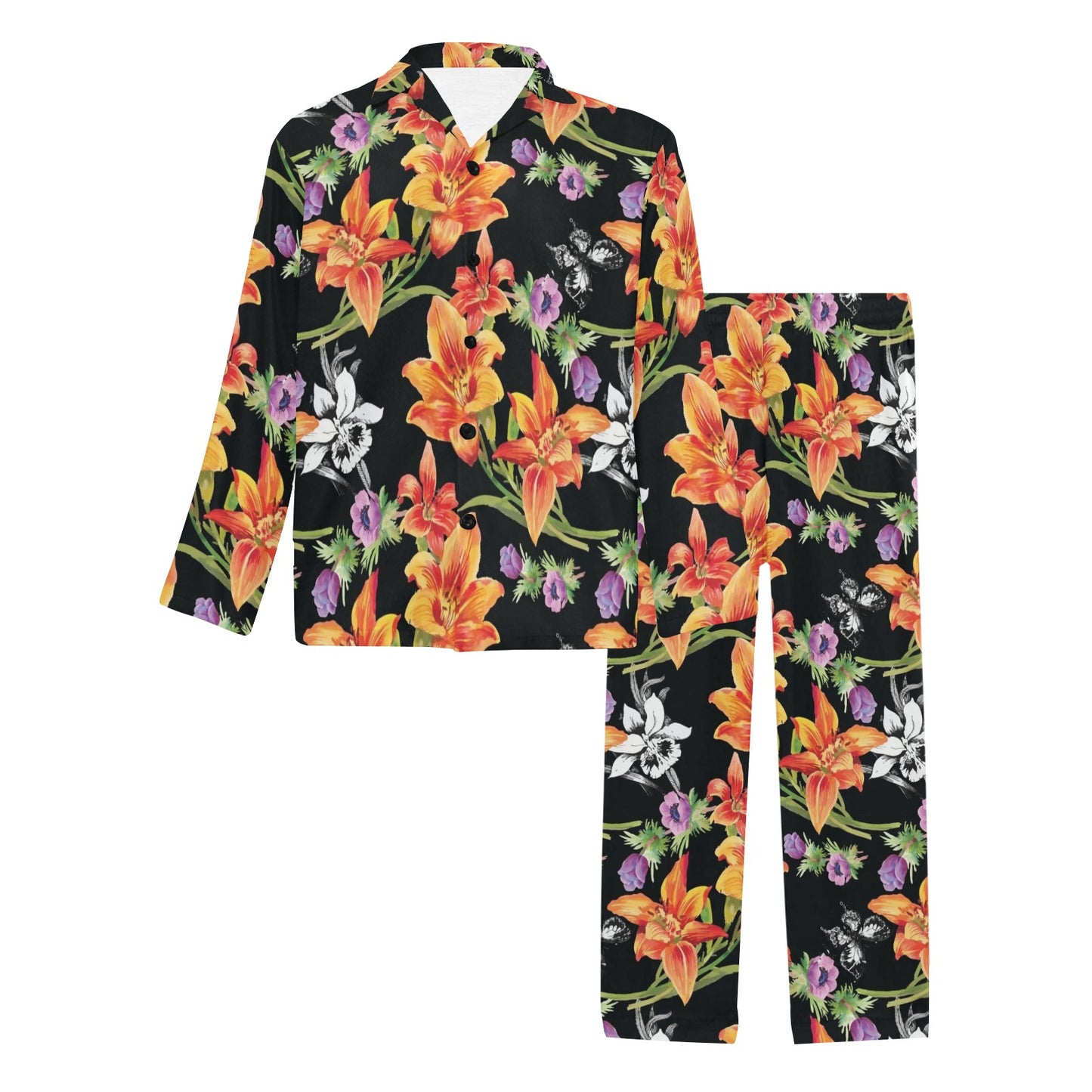 Tropical Flower Pattern Print Design TF02 Men's Long Pajama Set