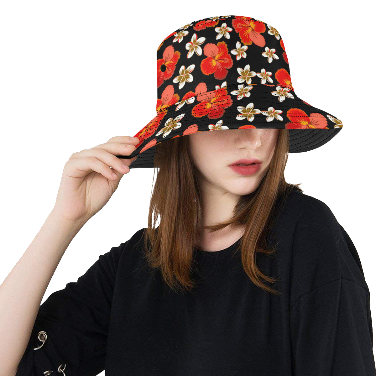 Red Hibiscus Pattern Print Design HB022 Unisex Bucket Hat