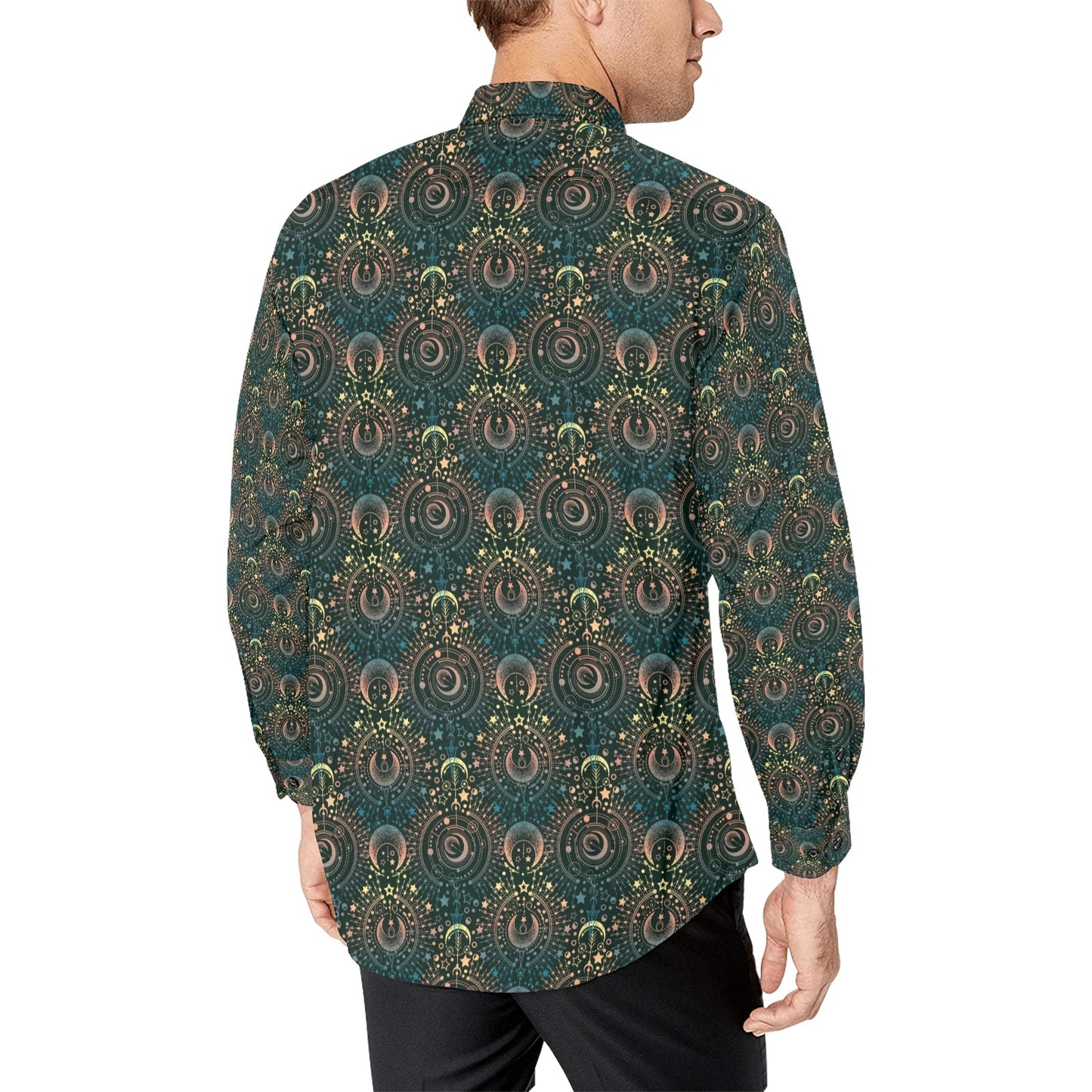 Sun Moon Print Design LKS307 Men's Long Sleeve Dress Shirt