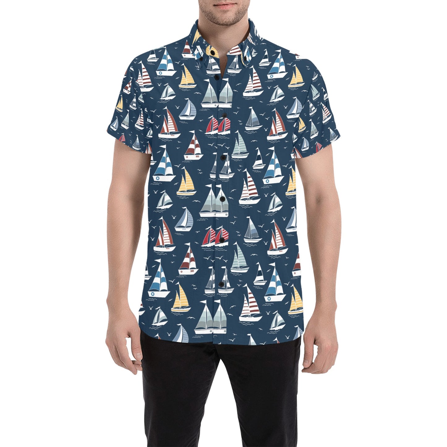Sailboat Print Design LKS306 Men Short Sleeve Button Up Shirt