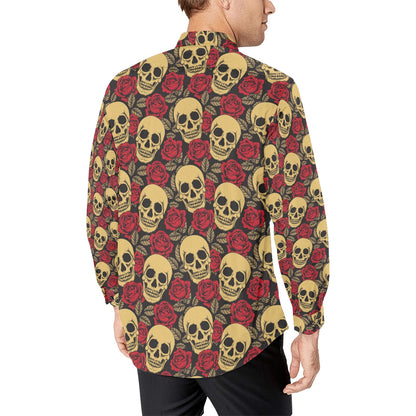 Skull And Roses Print Design LKS302 Men's Long Sleeve Dress Shirt