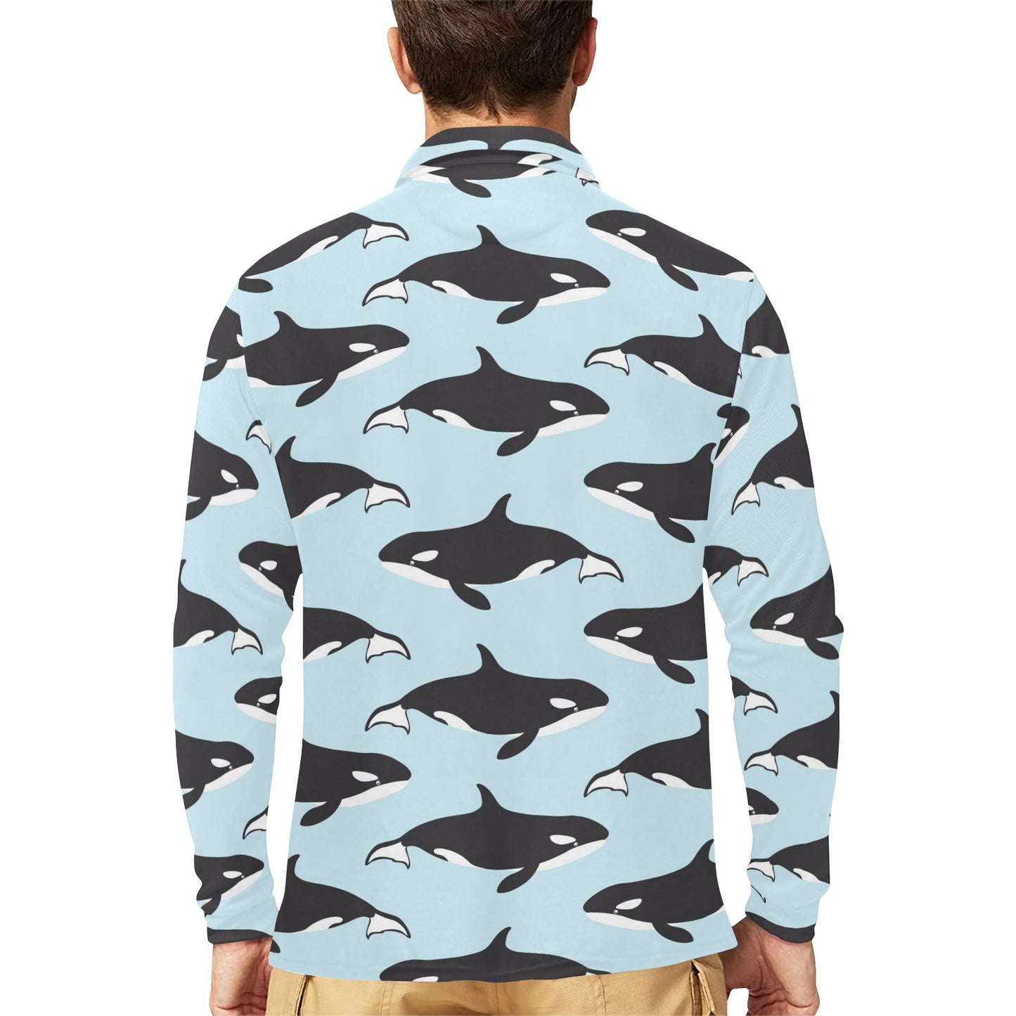 Killer Whale Pattern Print Design 01 Long Sleeve Polo Shirt For Men's