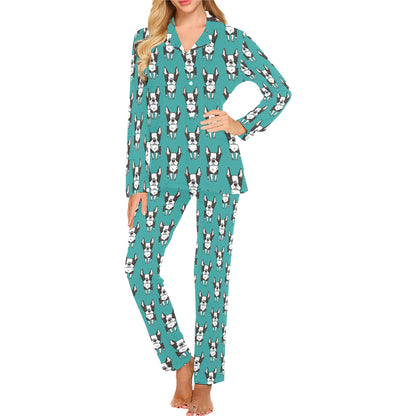 Boston Terrier Pattern Print Design 04 Women's Long Pajama Set
