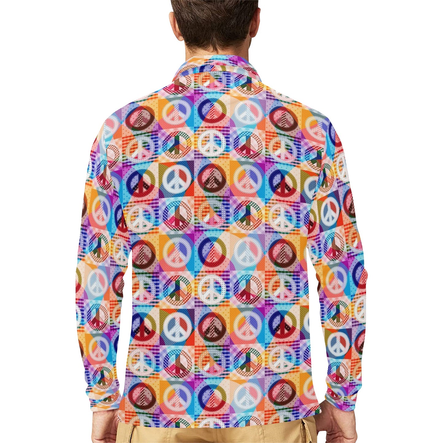 Peace Sign Patchwork Design Print Long Sleeve Polo Shirt For Men's