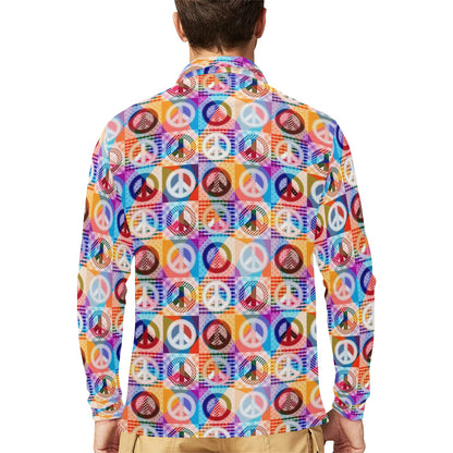 Peace Sign Patchwork Design Print Long Sleeve Polo Shirt For Men's
