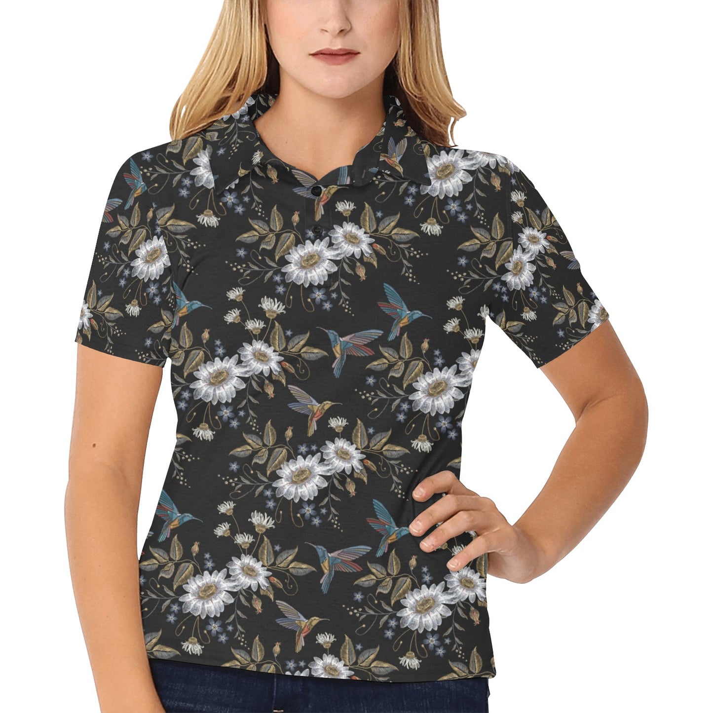 Hummingbird with Embroidery Themed Print Women's Polo Shirt
