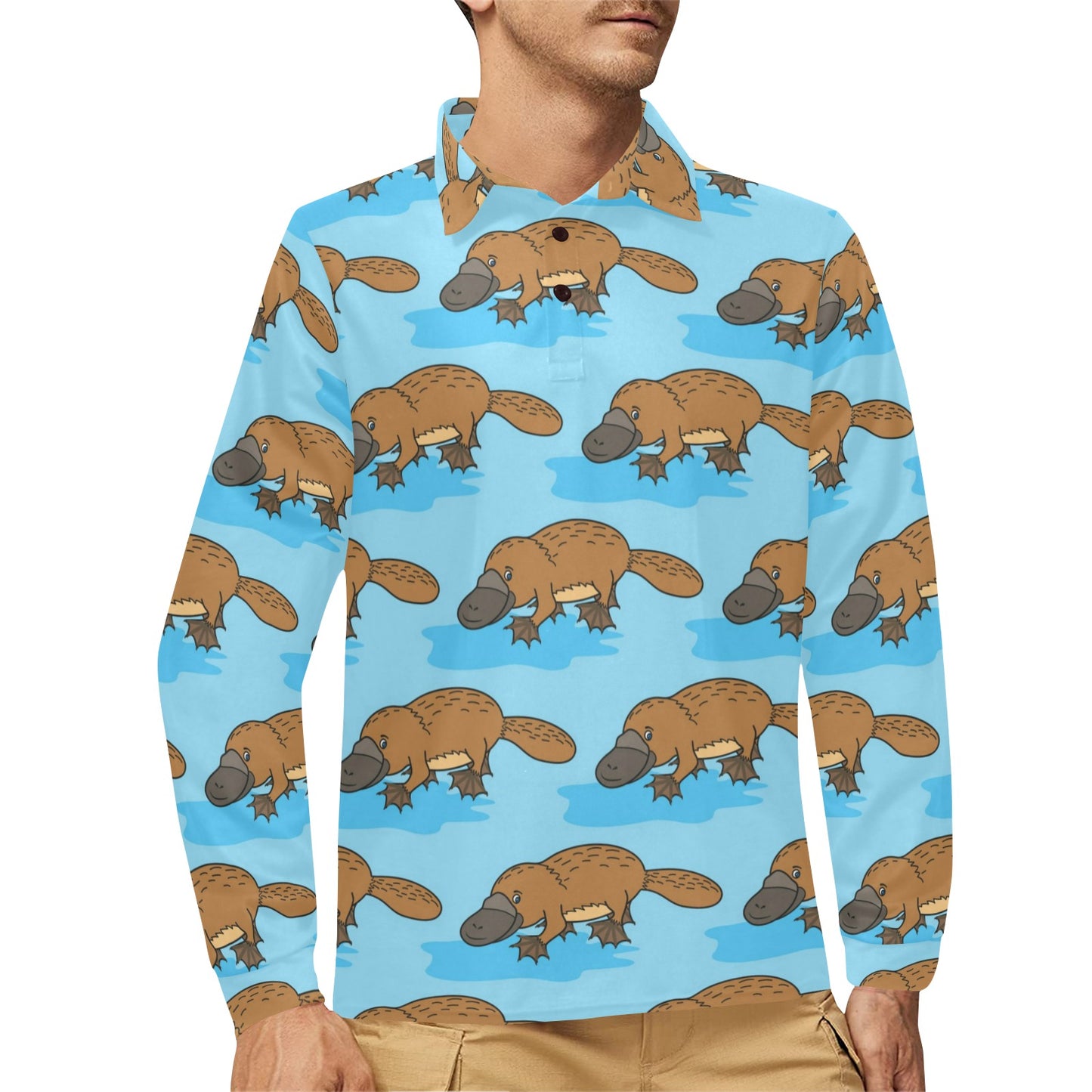 Platypus Pattern Print Design A02 Long Sleeve Polo Shirt For Men's