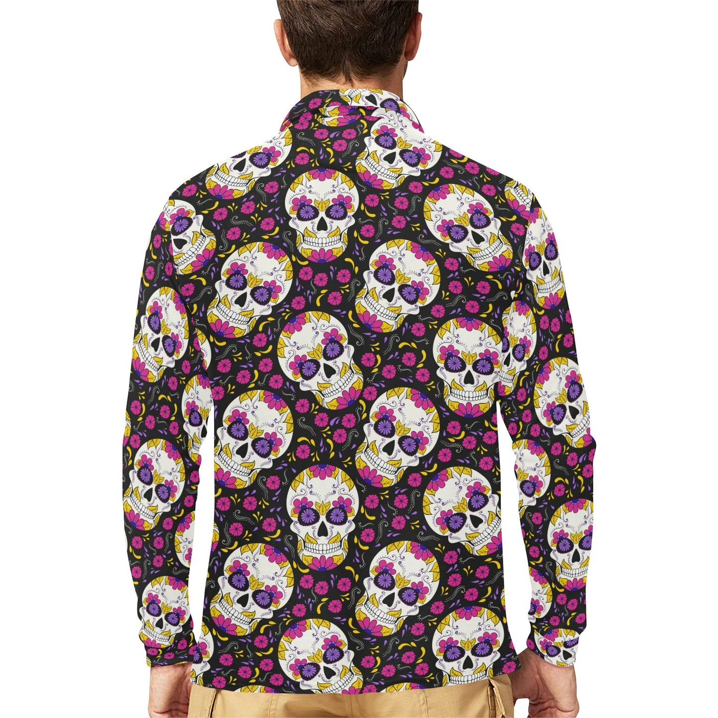 sugar skull Floral Pattern Long Sleeve Polo Shirt For Men's