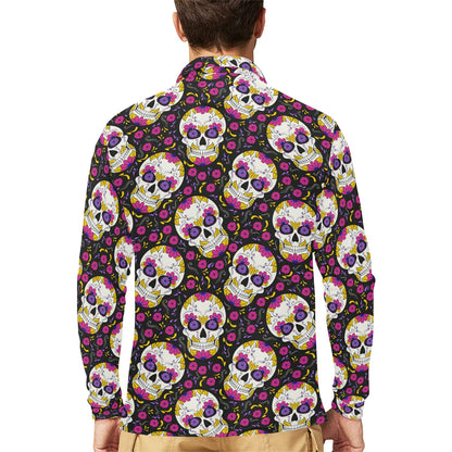 sugar skull Floral Pattern Long Sleeve Polo Shirt For Men's