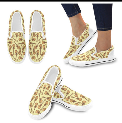 Acoustic Guitar Print Design LKS402 White Slip Ons Canvas Women's Shoes