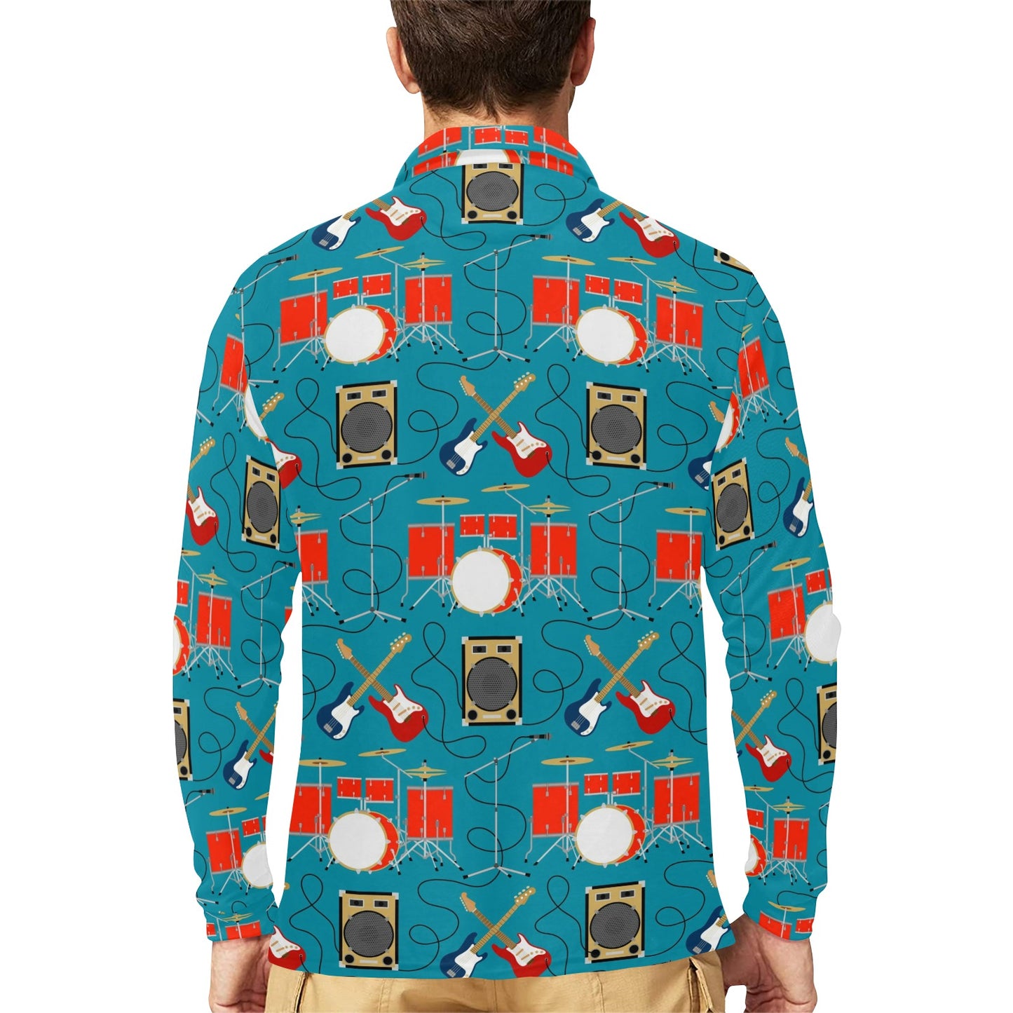 Drum Set Guitar Pattern Print Design 02 Long Sleeve Polo Shirt For Men's