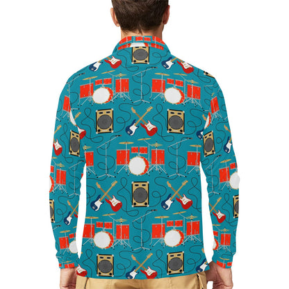 Drum Set Guitar Pattern Print Design 02 Long Sleeve Polo Shirt For Men's