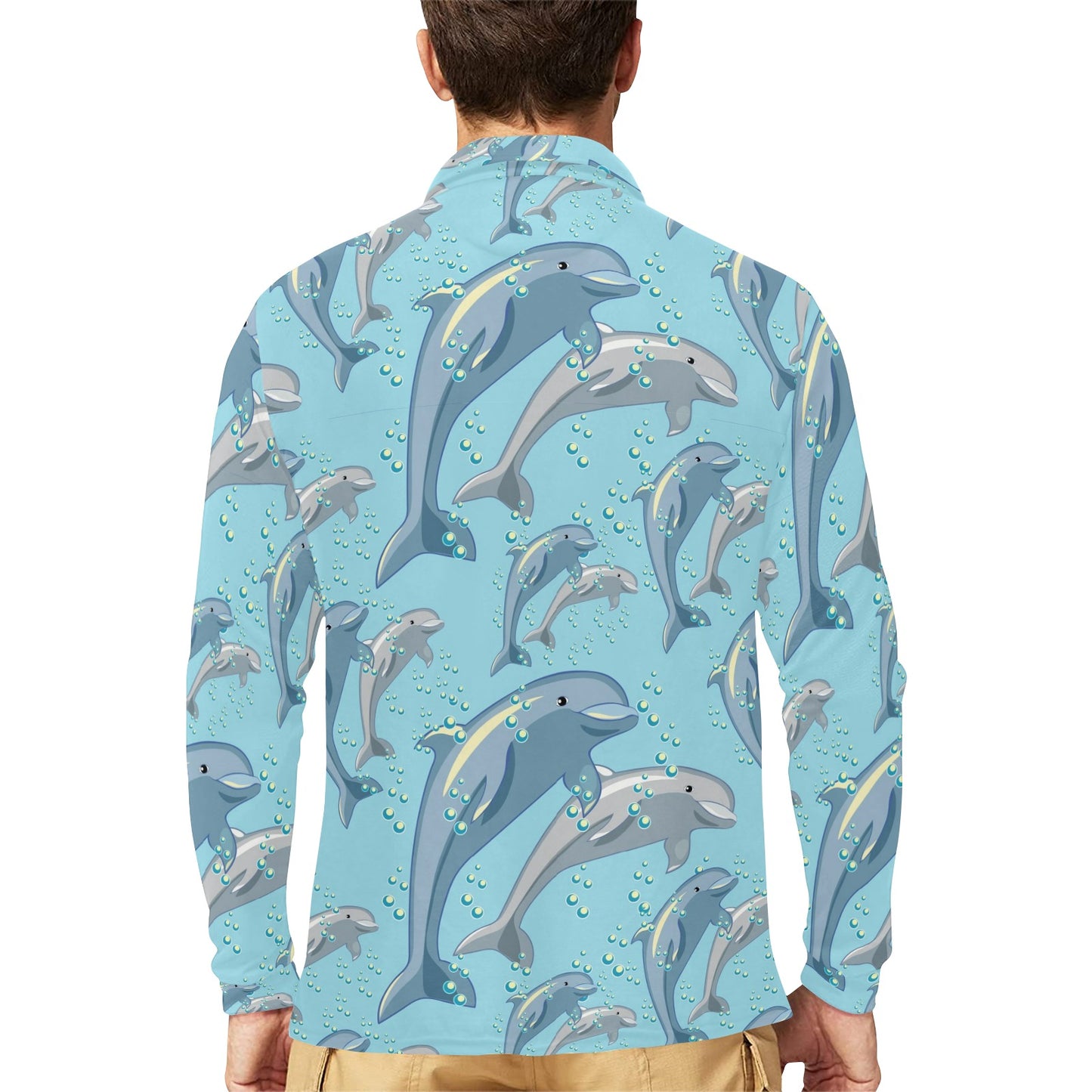 Dolphin Print Pattern Long Sleeve Polo Shirt For Men's