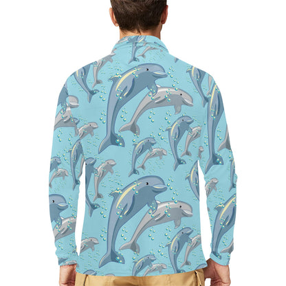 Dolphin Print Pattern Long Sleeve Polo Shirt For Men's