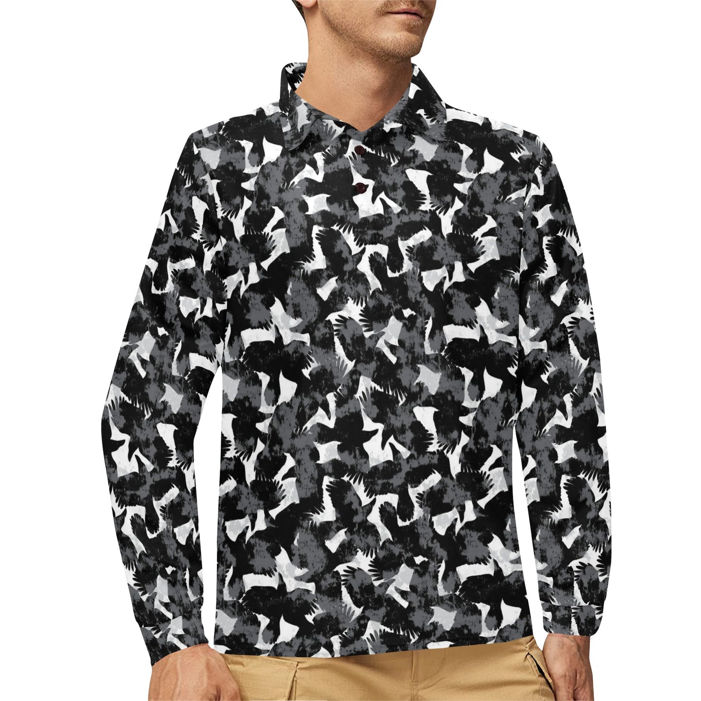 Crow Pattern Print Design 01 Long Sleeve Polo Shirt For Men's