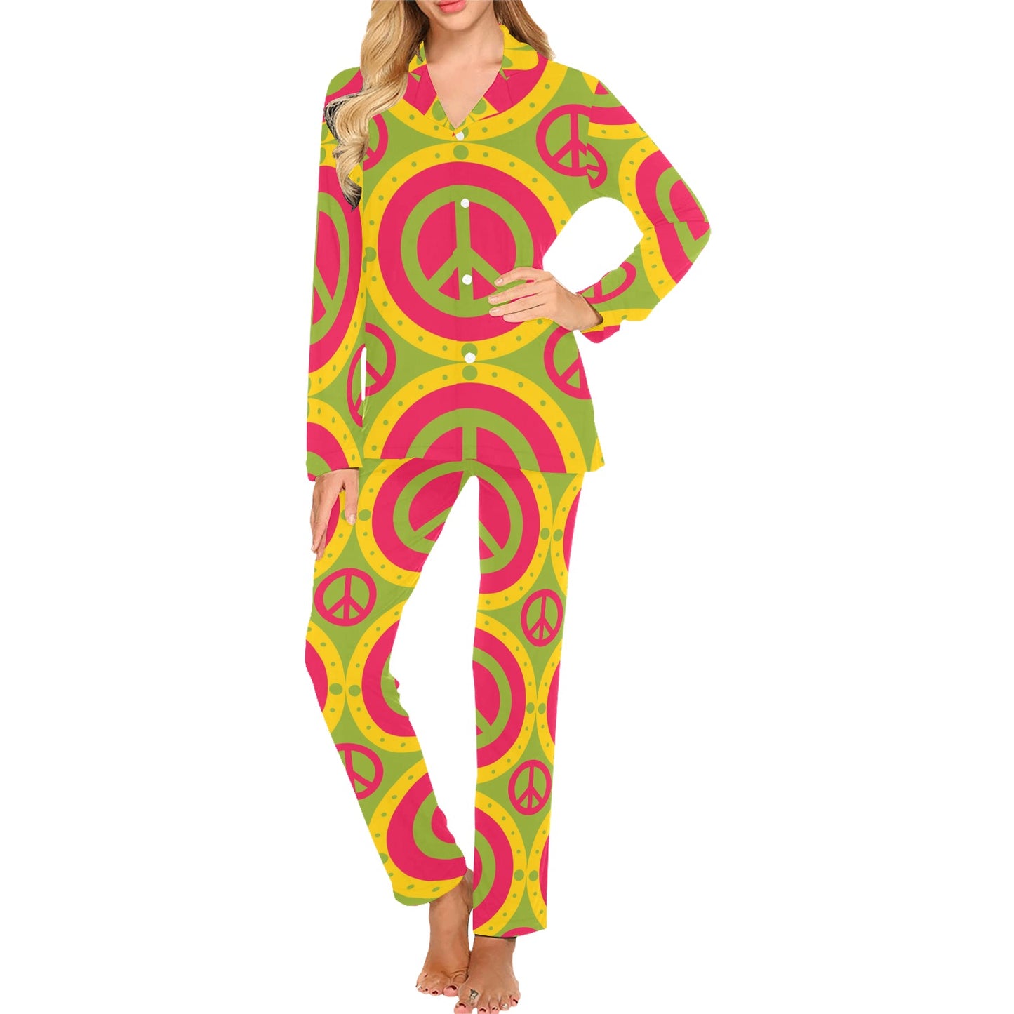 Peace Sign Pattern Print Design A01 Women's Long Pajama Set