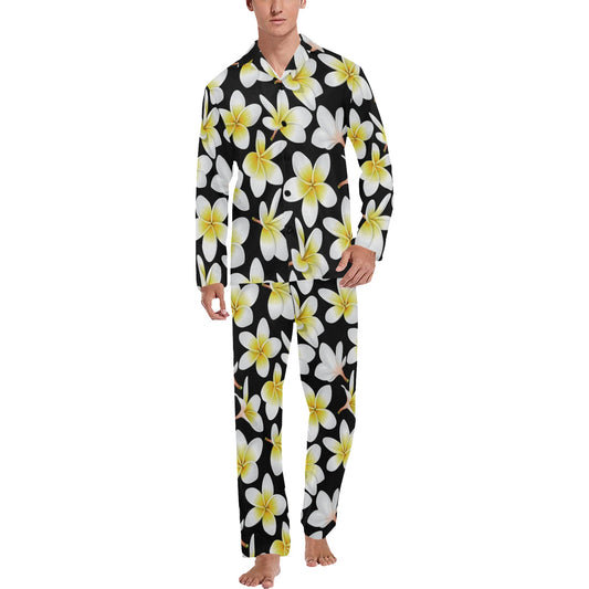 Yellow Plumeria Hawaiian Flowers Men's Long Pajama Set