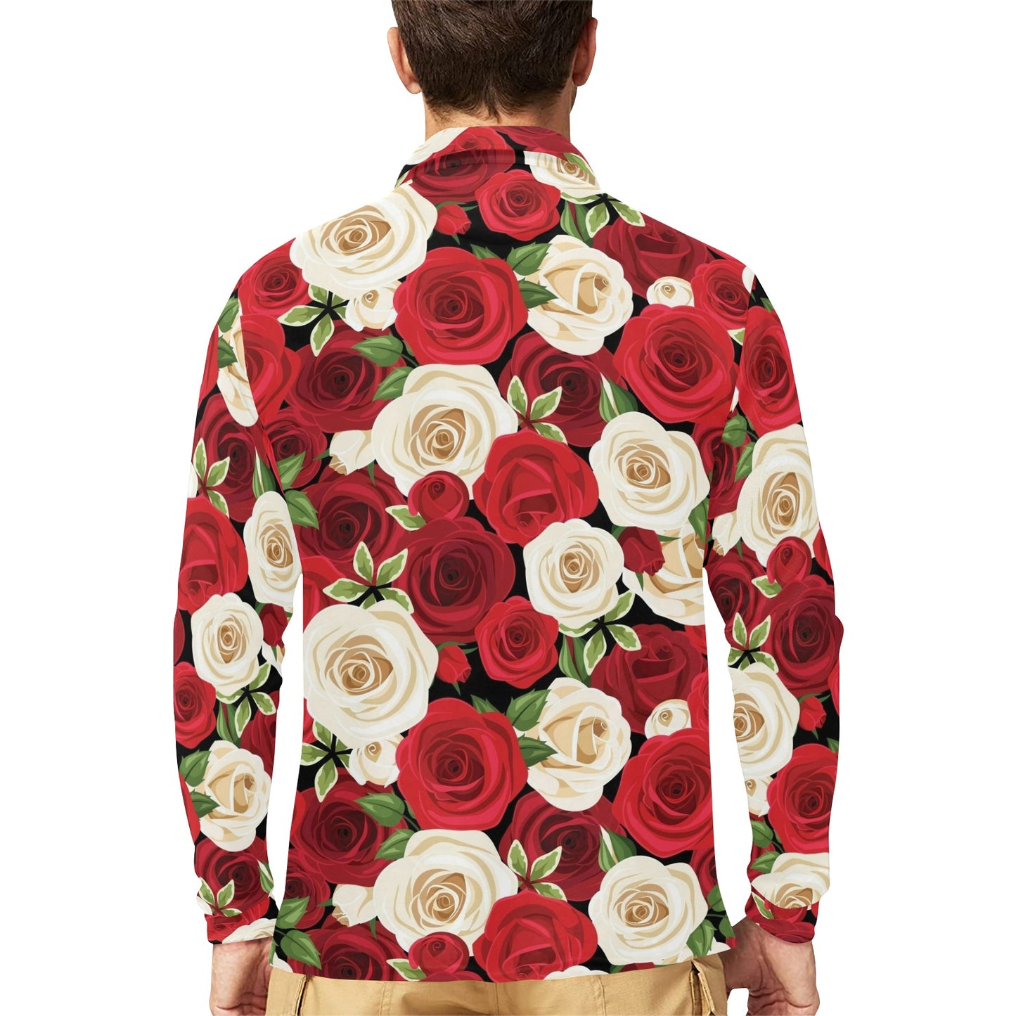 Rose Pattern Print Design RO06 Long Sleeve Polo Shirt For Men's