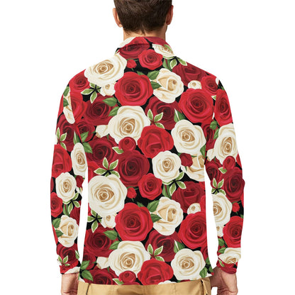 Rose Pattern Print Design RO06 Long Sleeve Polo Shirt For Men's