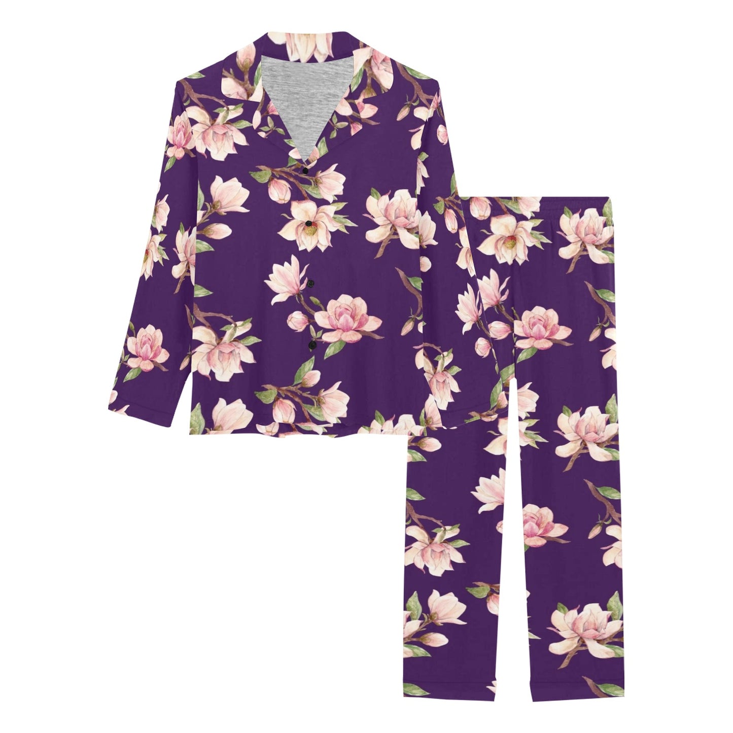 Magnolia Pattern Print Design MAG02 Women's Long Pajama Set