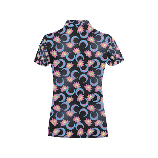 Lotus with Moon Pink Print Themed Women's Polo Shirt