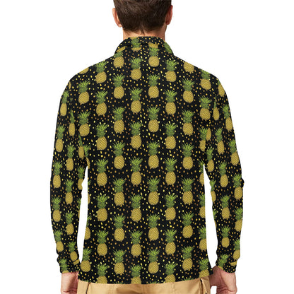 Pineapple Gold Dot Themed Print Long Sleeve Polo Shirt For Men's