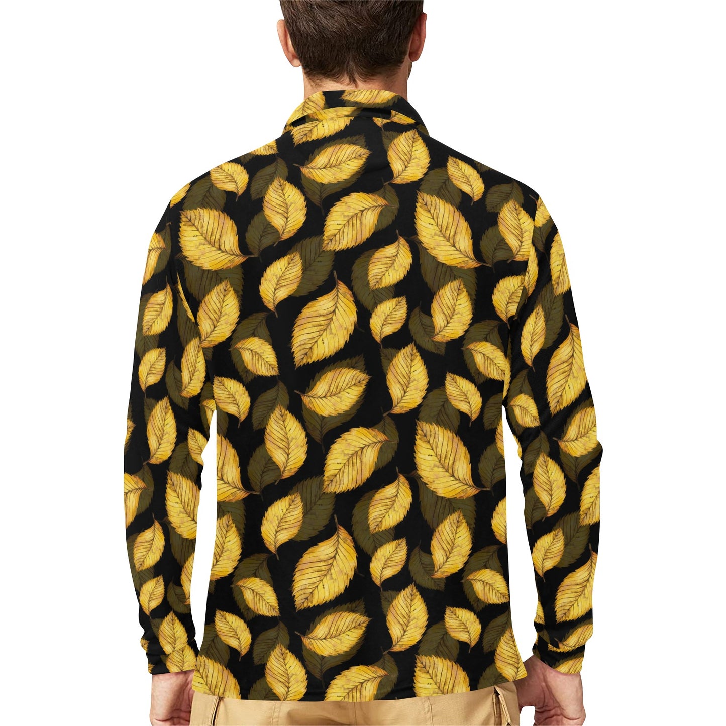 Elm Leave Summer Print Pattern Long Sleeve Polo Shirt For Men's