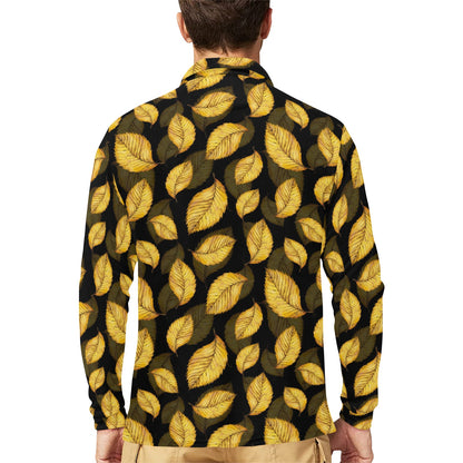 Elm Leave Summer Print Pattern Long Sleeve Polo Shirt For Men's