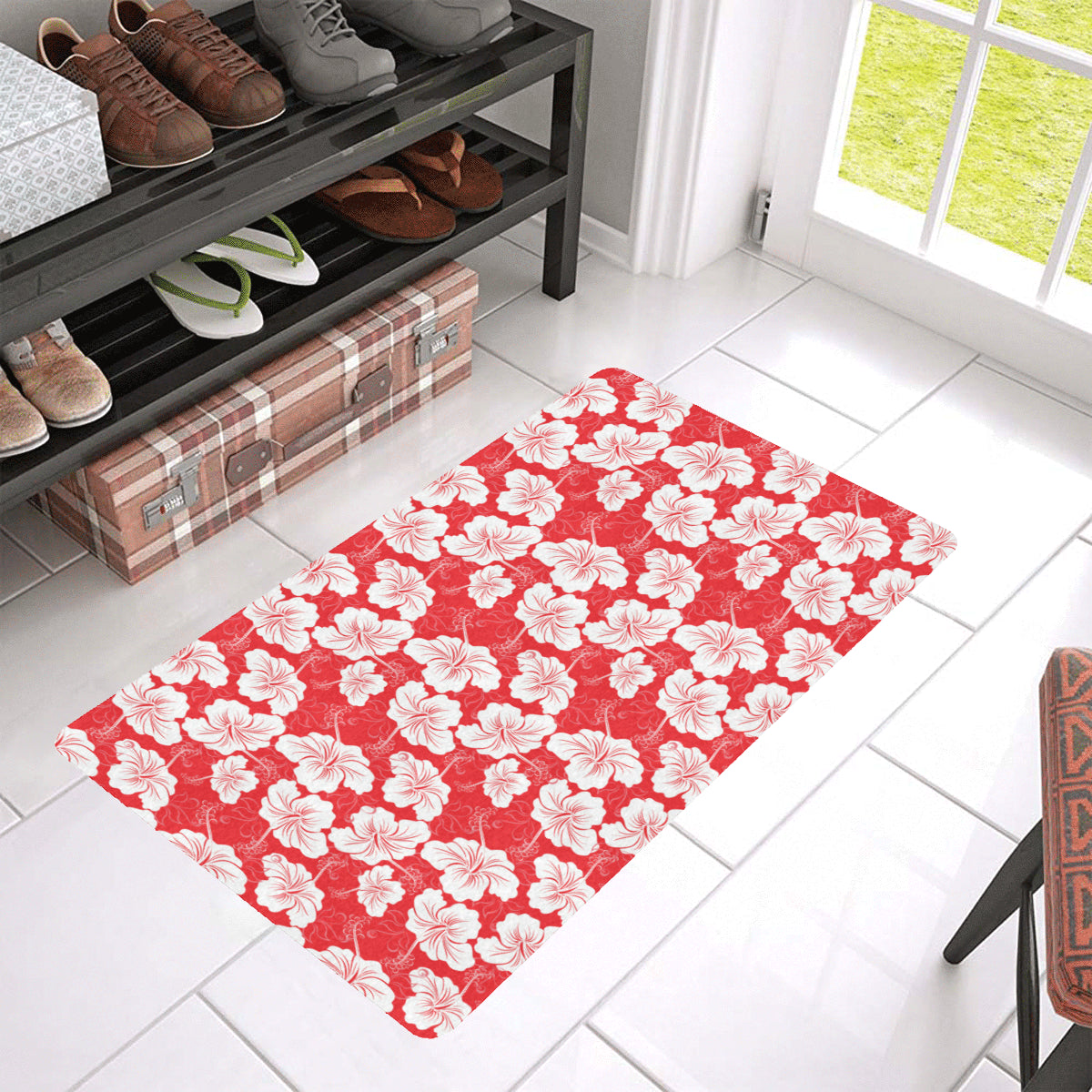 Flower Hawaiian Hibiscus Red Background Print Rubber Doormat