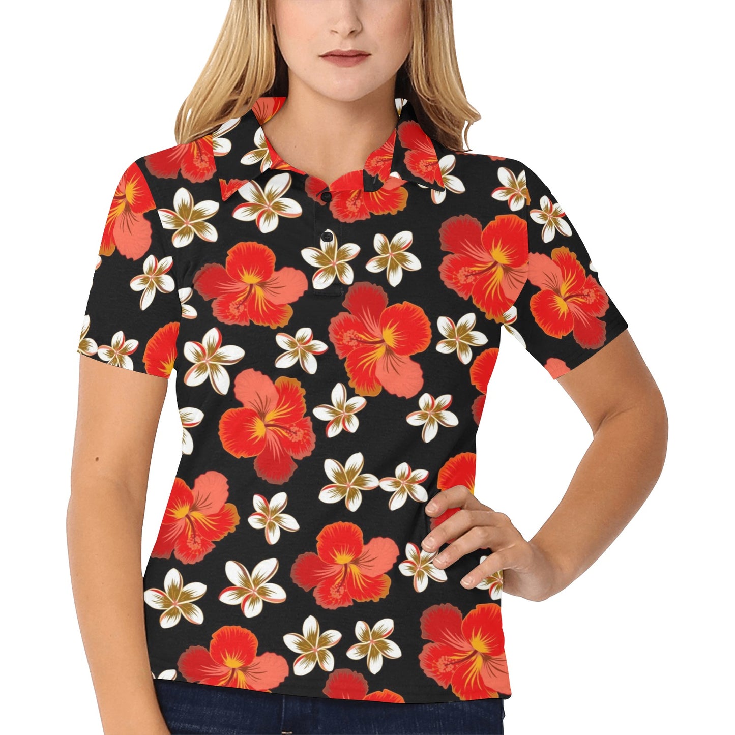 Red Hibiscus Pattern Print Design HB022 Women's Polo Shirt