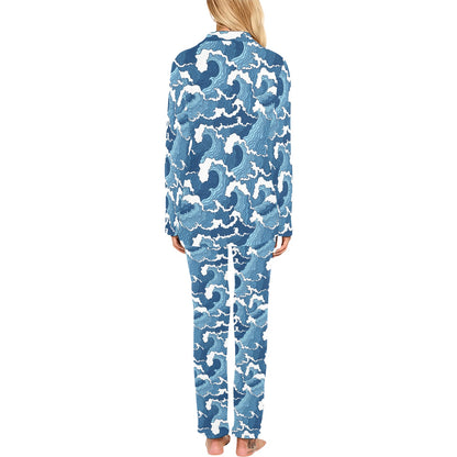 Wave Themed Pattern Print Women's Long Pajama Set