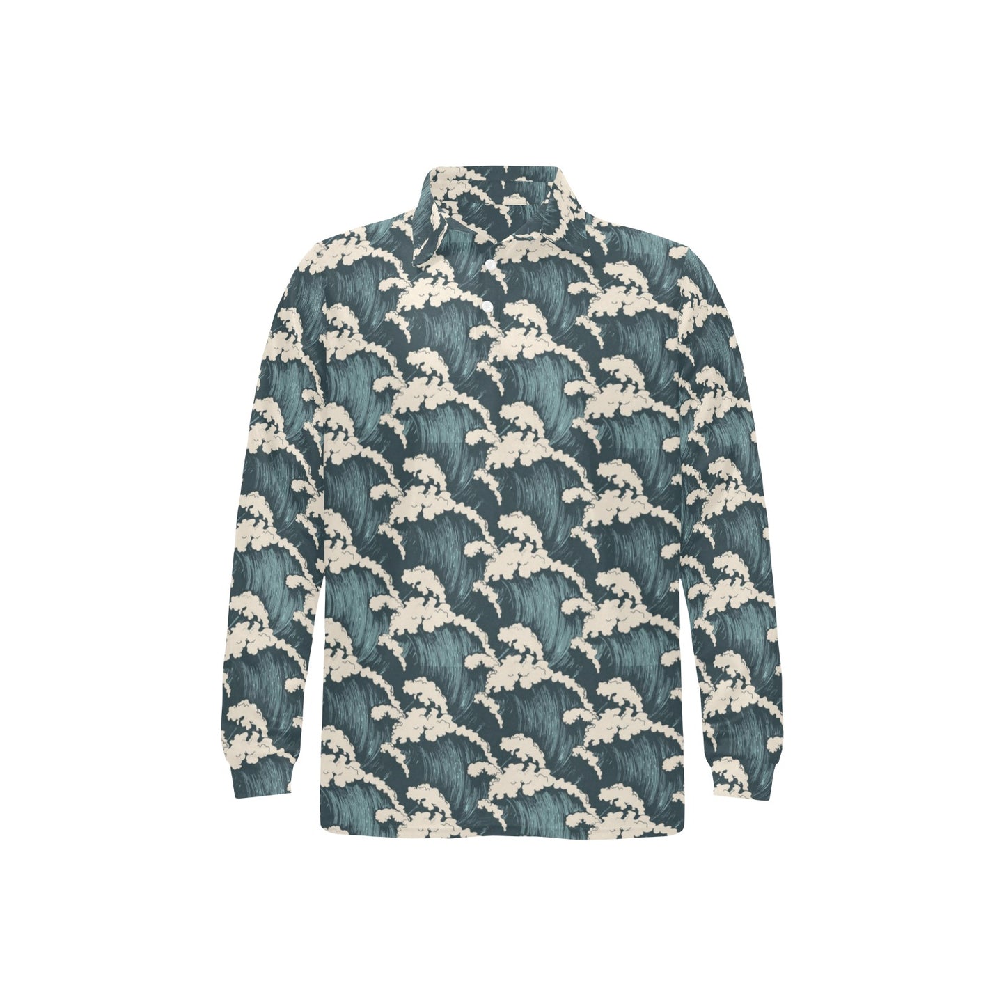 Wave Art Print Long Sleeve Polo Shirt For Men's