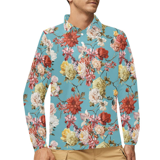 Summer Floral Pattern Print Design SF05 Long Sleeve Polo Shirt For Men's